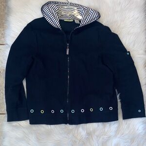 Blue  Hoodie with Striped Hood & multi colored accent circles.